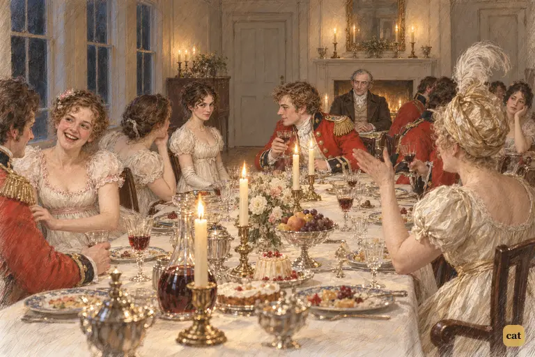 At the officers’ last dinner at Longbourn, Wickham renews his gallantry across the crowded table.