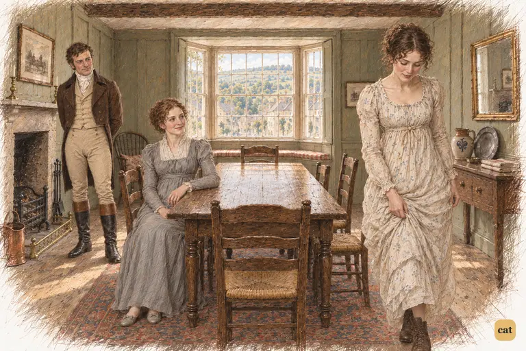 Elizabeth hastens toward the doorway, a small satisfaction showing beneath her embarrassment.