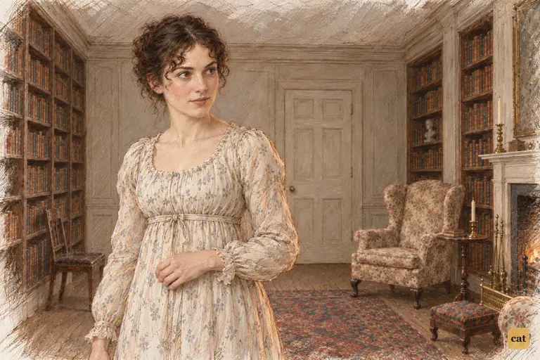 Elizabeth stands on the library carpet, listening as her father asks about Mr. Collins’s proposal.