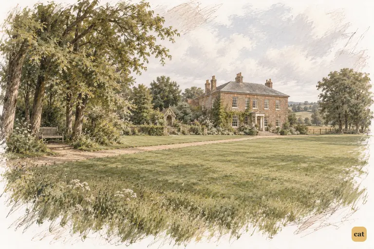 An empty copse with a bench, a narrow path leading to Longbourn across the paddock