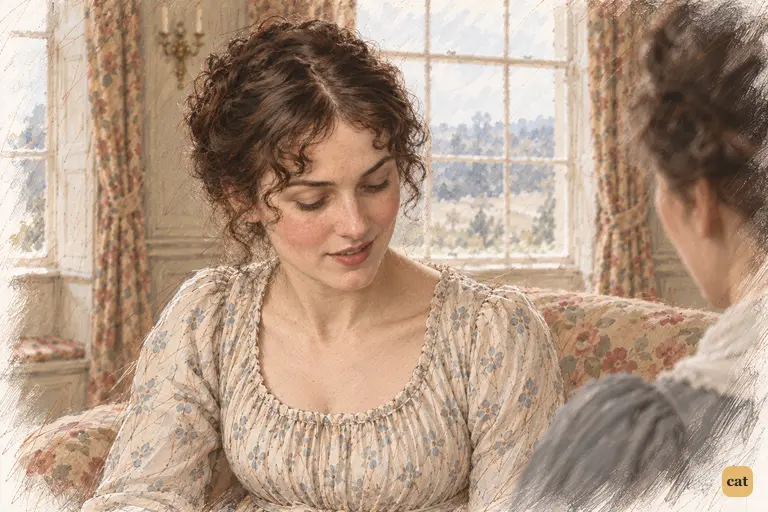 Elizabeth lowers her eyes with a fleeting, self-aware smile at her aunt's gentle warning