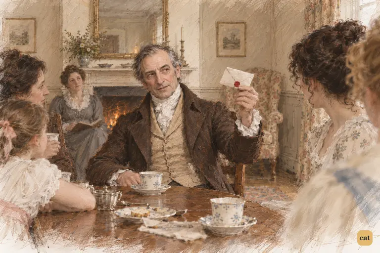 Mr. Bennet raises Mr. Collins’s letter above the breakfast cups, amused by his family’s curiosity.