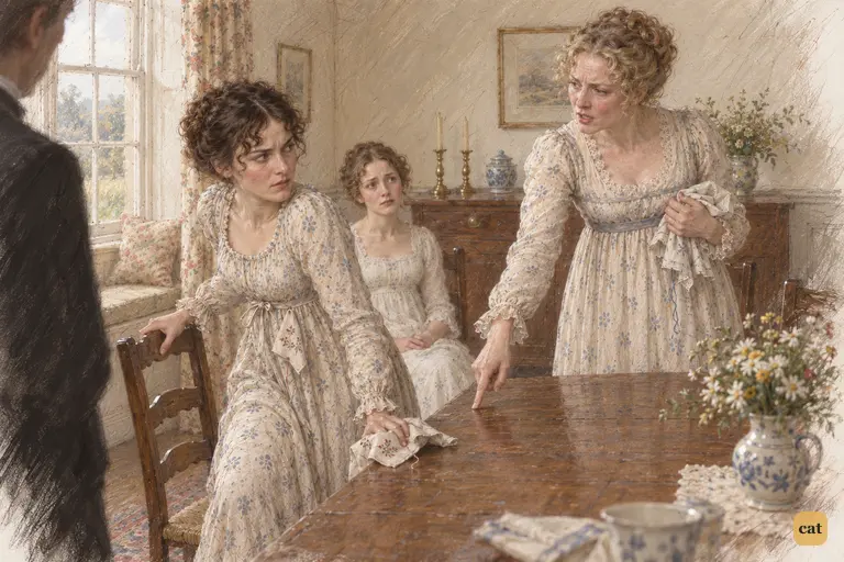 Mrs. Bennet points Elizabeth back to her chair, stopping her attempted escape.