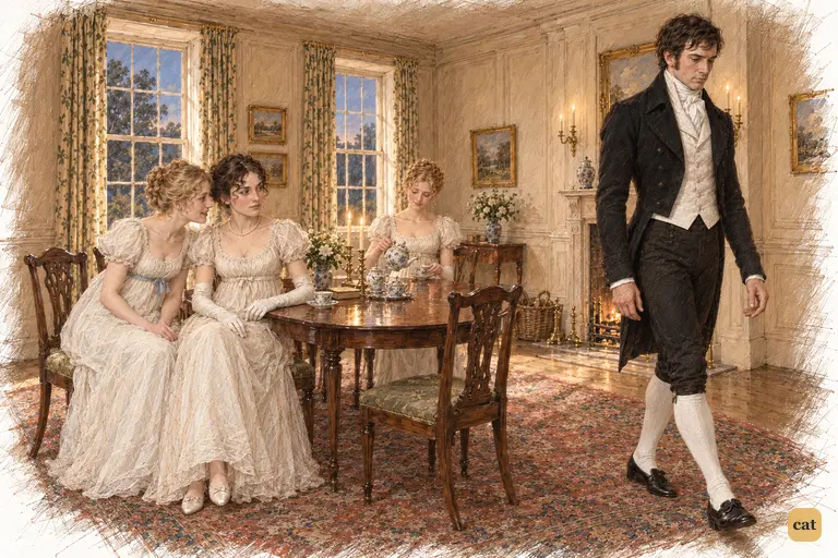 Darcy walks away as the young lady whispers again to Elizabeth.