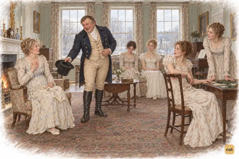Sir William Lucas announces Charlotte’s engagement to the astonished Bennet family.