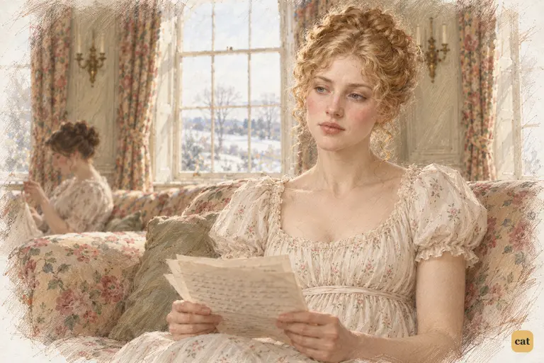 Jane lowers Caroline's letter, her face composed as her last hope of Bingley's return ends.