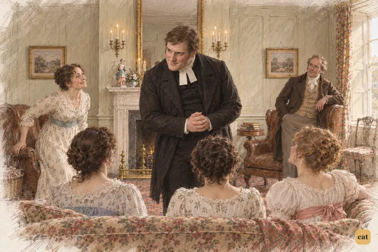 Mr. Collins bows to Mrs. Bennet in solemn gratitude, accepting her invitation to return