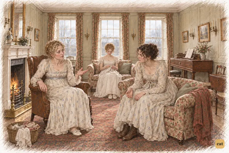 Mrs. Bennet renews her daily complaint as Elizabeth patiently answers, privately doubtful