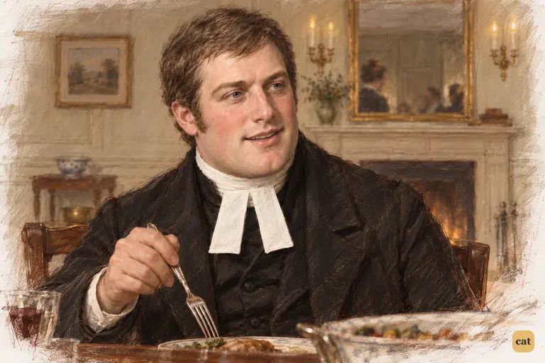 Mr. Collins raises his fork and confidently asks which cousin deserves credit for dinner.