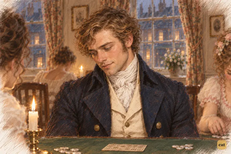 Wickham gives Elizabeth a small, rueful shake of his head, eyes lowered