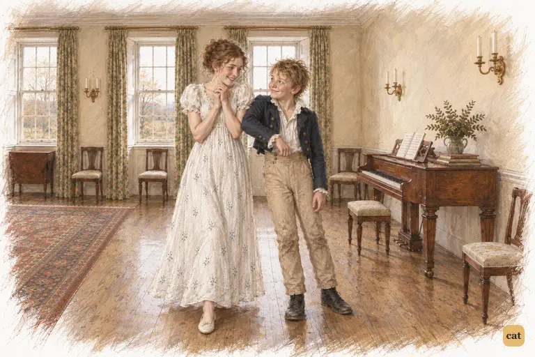 Maria Lucas and her younger brother exchange delighted smiles beside the pianoforte.