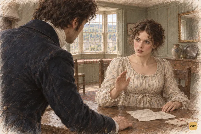 Elizabeth Bennet struggles to sit upright and politely declines Darcy’s offer of relief.