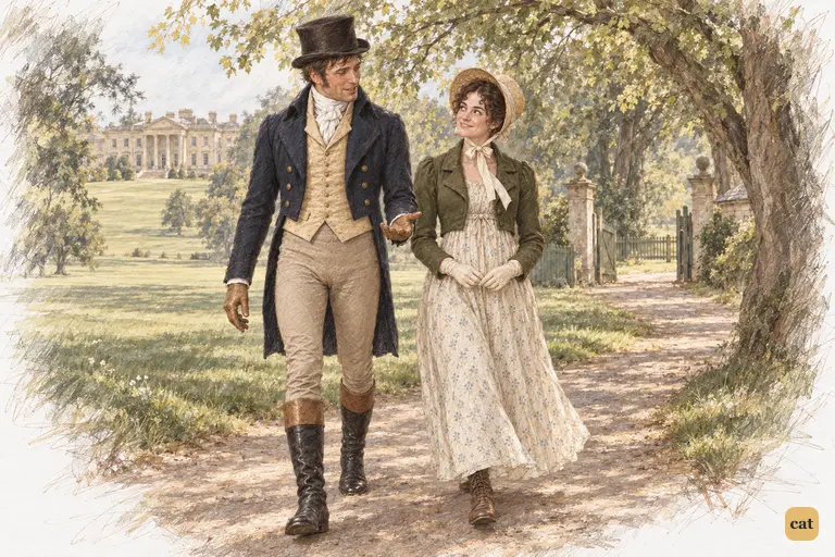 Elizabeth Bennet and Colonel Fitzwilliam walk together towards the Parsonage.