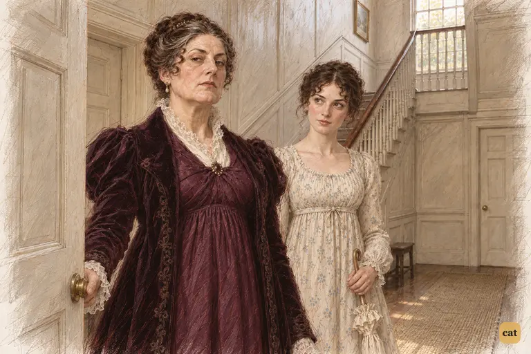 Lady Catherine holds open the dining-parlour door, surveying Elizabeth's home