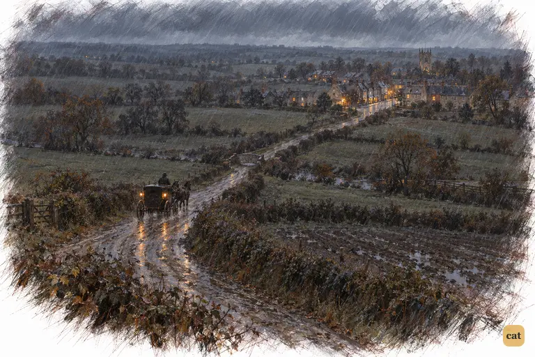 The Longbourn coach travels through the cold November rain towards Meryton.