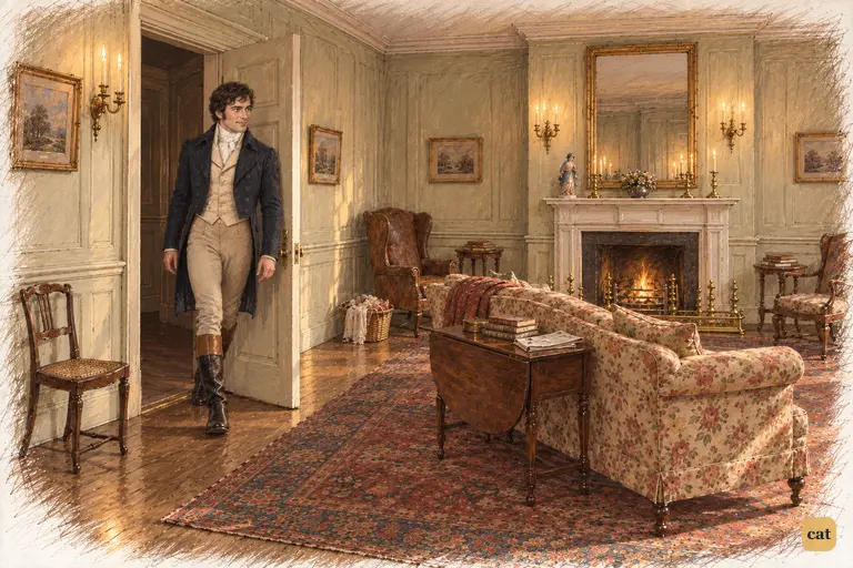Darcy steps toward the hall to follow Mr. Bennet and ask for his consent.