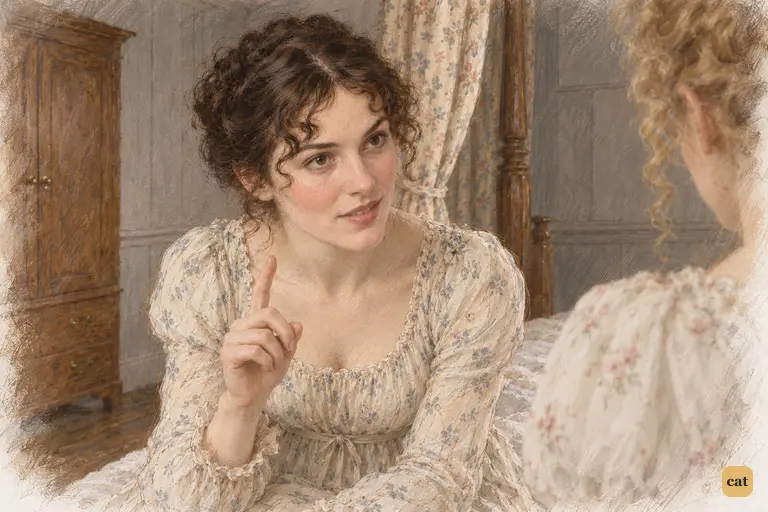 Elizabeth leans toward Jane, offering her own confident reading of Caroline’s letter.
