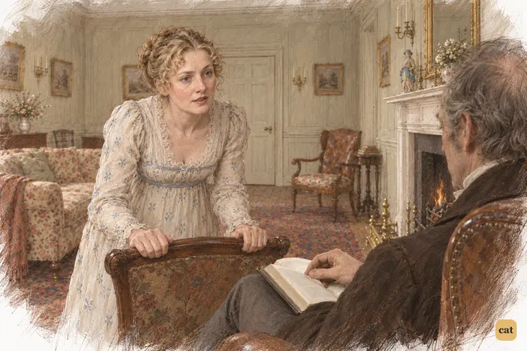 Mrs. Bennet leans forward over the chair, searching her husband's face for a response.