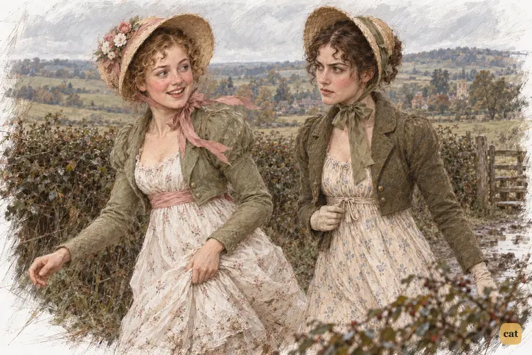 Lydia hurries toward Meryton, urging Elizabeth on in hopes of seeing Captain Carter