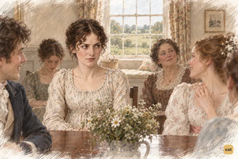 Elizabeth holds Lydia in a steady, expressive look, her disgust contained within rigid composure.