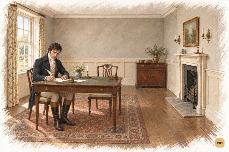 Darcy pauses, composing his engagement announcement to Lady Catherine with quiet resolve