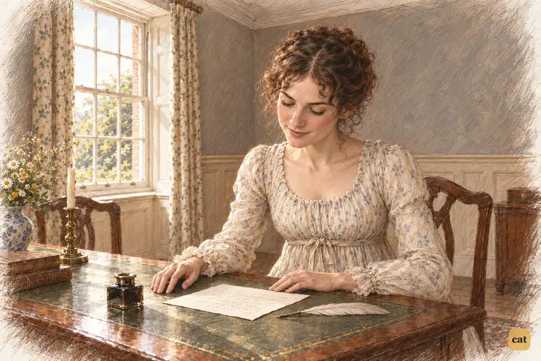 Elizabeth rests beside her finished letter to Mrs. Gardiner with a small, contented smile