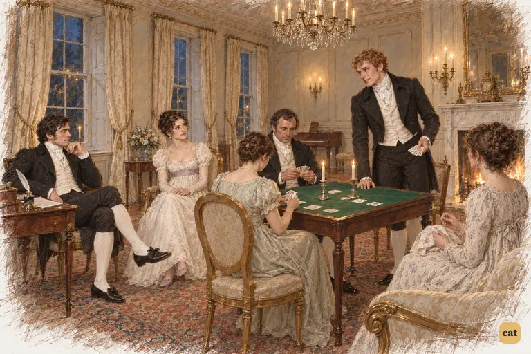 Bingley half-rises from the card table to protest Darcy’s recollection of his morning boast.