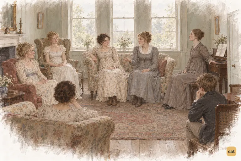 Charlotte defends Darcy's right to be proud as Elizabeth listens with an amused smile