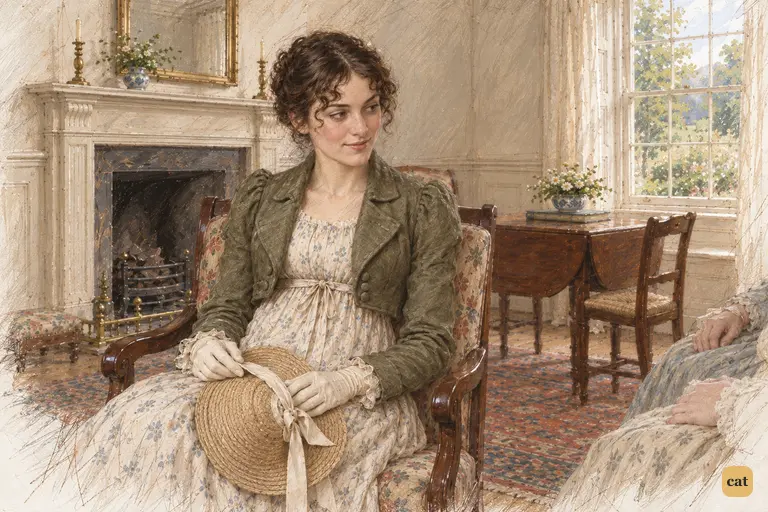 Elizabeth offers a small, courteous smile at the news of Colonel Fitzwilliam’s missed visit.