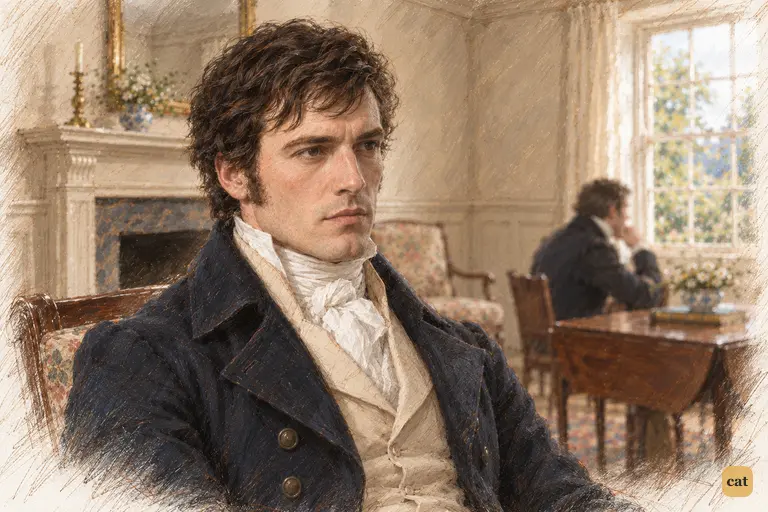 Darcy sits silent beside the hearth, his eyes fixed on Elizabeth beyond the frame.
