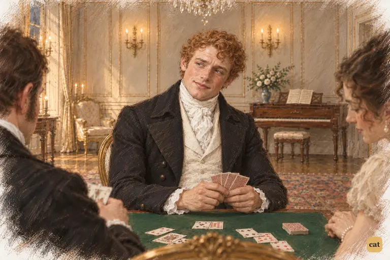 Bingley lowers his cards as Darcy’s lecture catches his cheerful self-deprecation.