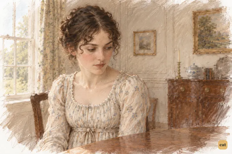 Elizabeth lowers her gaze to the table, quietly weighing why Bingley has returned
