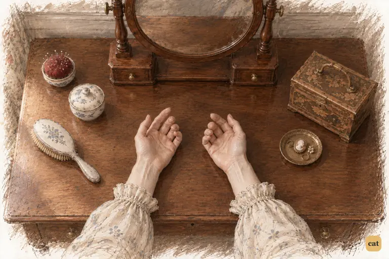 Elizabeth rests her open hands on the dressing-table, resigned to her longing for Darcy