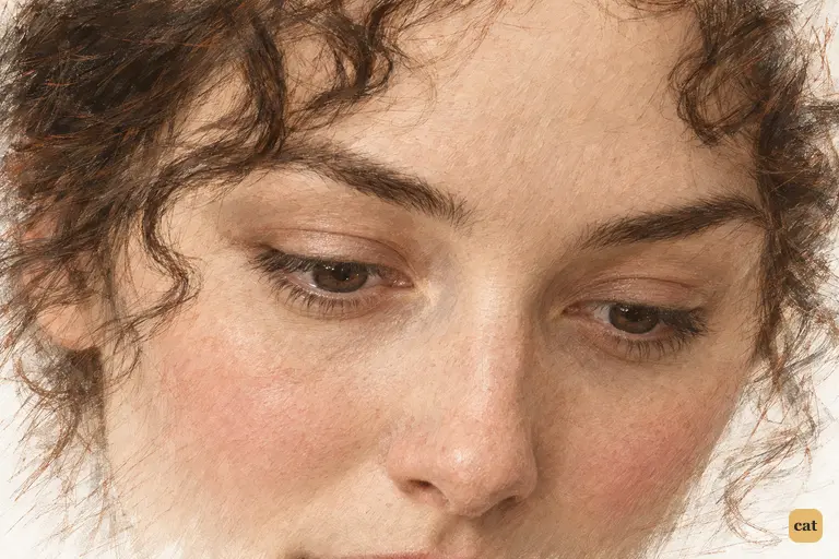 Elizabeth lowers her eyes, ashamed of past judgments and proud of Darcy's compassion
