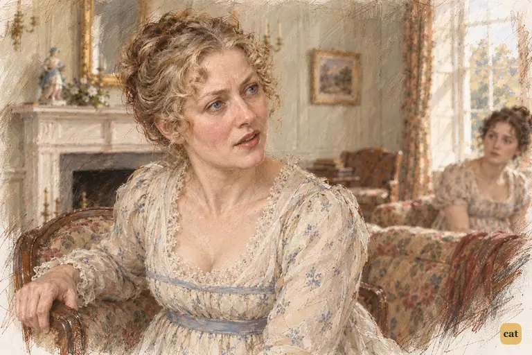 Mrs. Bennet lifts her chin and rejects Elizabeth's consolation, gripping the chair arm