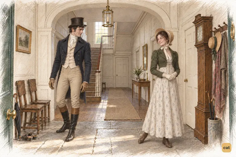 In Longbourn’s hall, Elizabeth and Darcy part, pausing to exchange an affectionate look