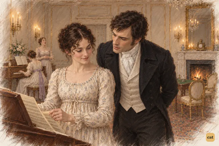 Darcy repeats his invitation in surprise while Elizabeth pauses mid page-turn