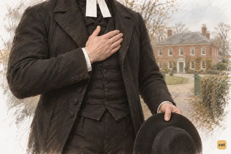 Mr. Collins presses his palm over his heart as he entreats Charlotte to name their wedding day.