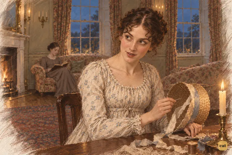 Elizabeth pauses her bonnet trimming to answer her mother with calm, good-humoured reason.
