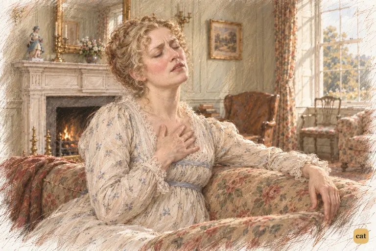 Mrs. Bennet sinks into the faded chintz sofa, her eyes shut and her hand pressed to her chest.