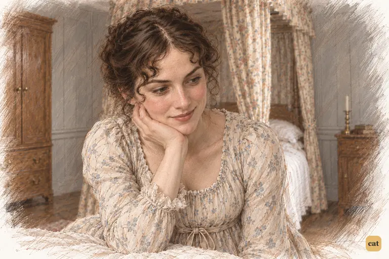 Elizabeth rests her chin in her hand, joking about goodness and its appearance