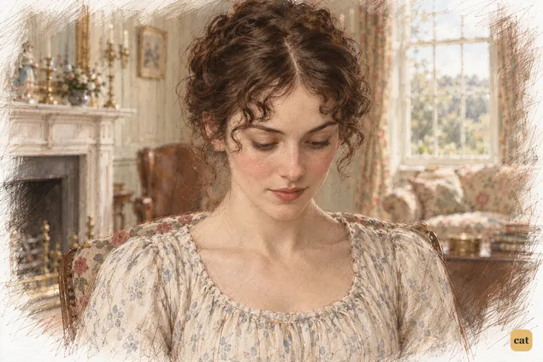 Elizabeth keeps her eyes lowered as Bingley's congratulations deepen her private shame.