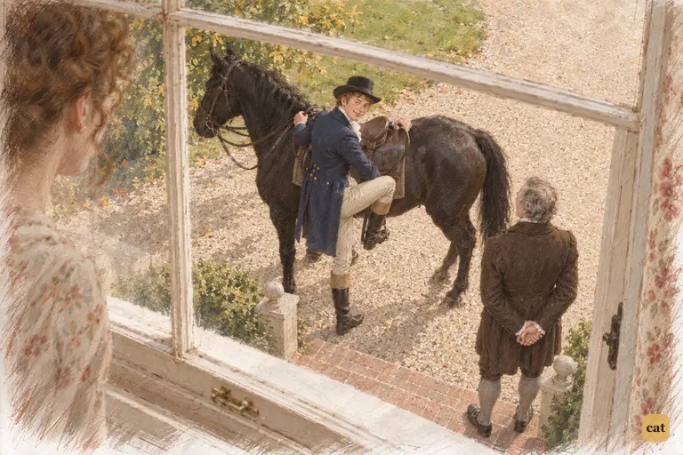 From the upstairs window, Kitty glimpses Bingley preparing to mount his black horse.
