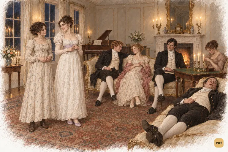 Elizabeth answers Caroline's pointed question with light irony as Darcy watches