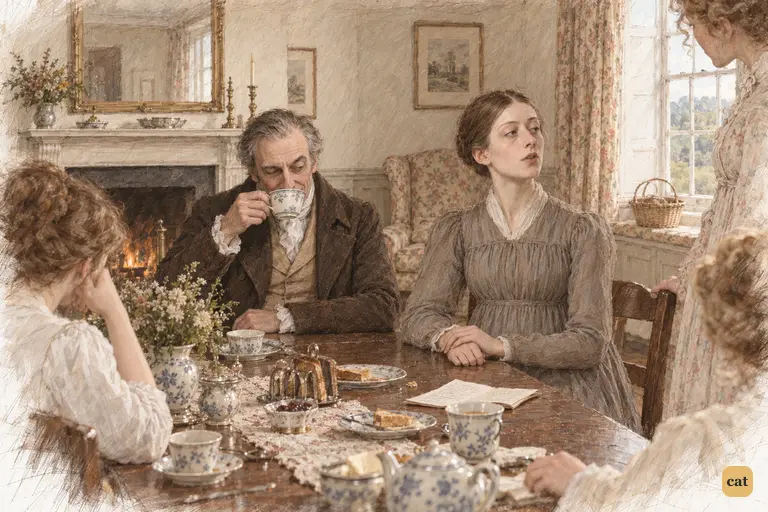 Mary gives measured advice as Mr. Bennet hides his amusement behind his teacup