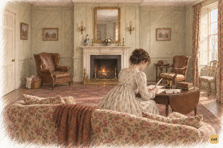 Elizabeth writes to Mrs. Gardiner by the hearth about Wickham's changed attentions