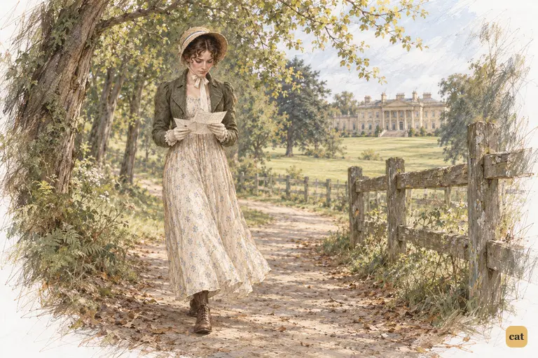 Elizabeth walks slowly along the sheltered path beside Rosings park, absorbed in Darcy’s letter.