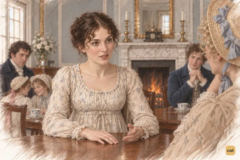 Elizabeth interrupts Mrs. Bennet’s account of Jane’s admirer with a sharp joke.