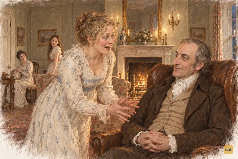 Mrs. Bennet surges toward her husband in delighted astonishment at his concealed visit.