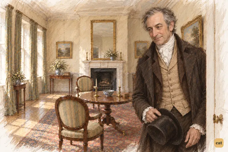 Mr. Bennet, unannounced, pauses at Pemberley, enjoying another visit to Elizabeth